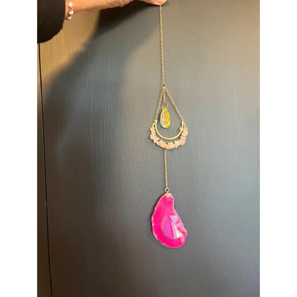Rose Quartz Crescent Moon & Agate Suncatcher